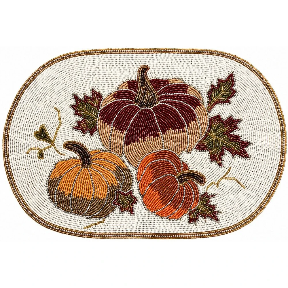Tahari Home Beaded Pumpkin Placemat 12x18 Fall Leaves Thanksgiving Oval Charger